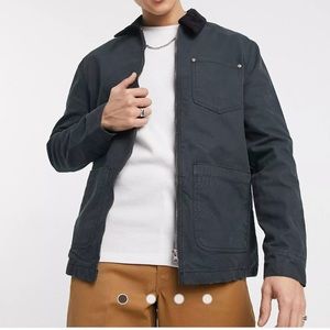 ASOS DESIGN canvas barn jacket with cord collar in Navy/black